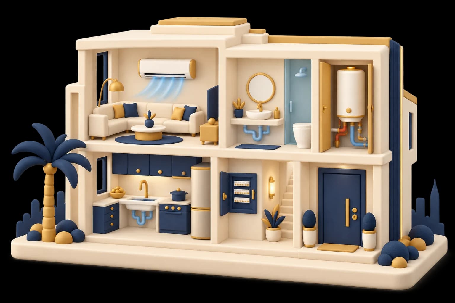 Illustration of a cut-away Dubai villa showing its AC, bathroom, kitchen, water heater, breaker panel and front door